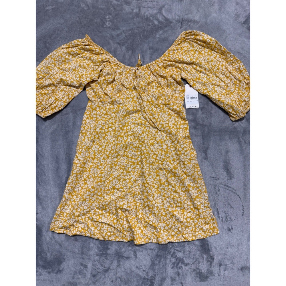 Billabong Daisy Wave Dress Women Medium Yellow Floral Puff Sleeve Mini